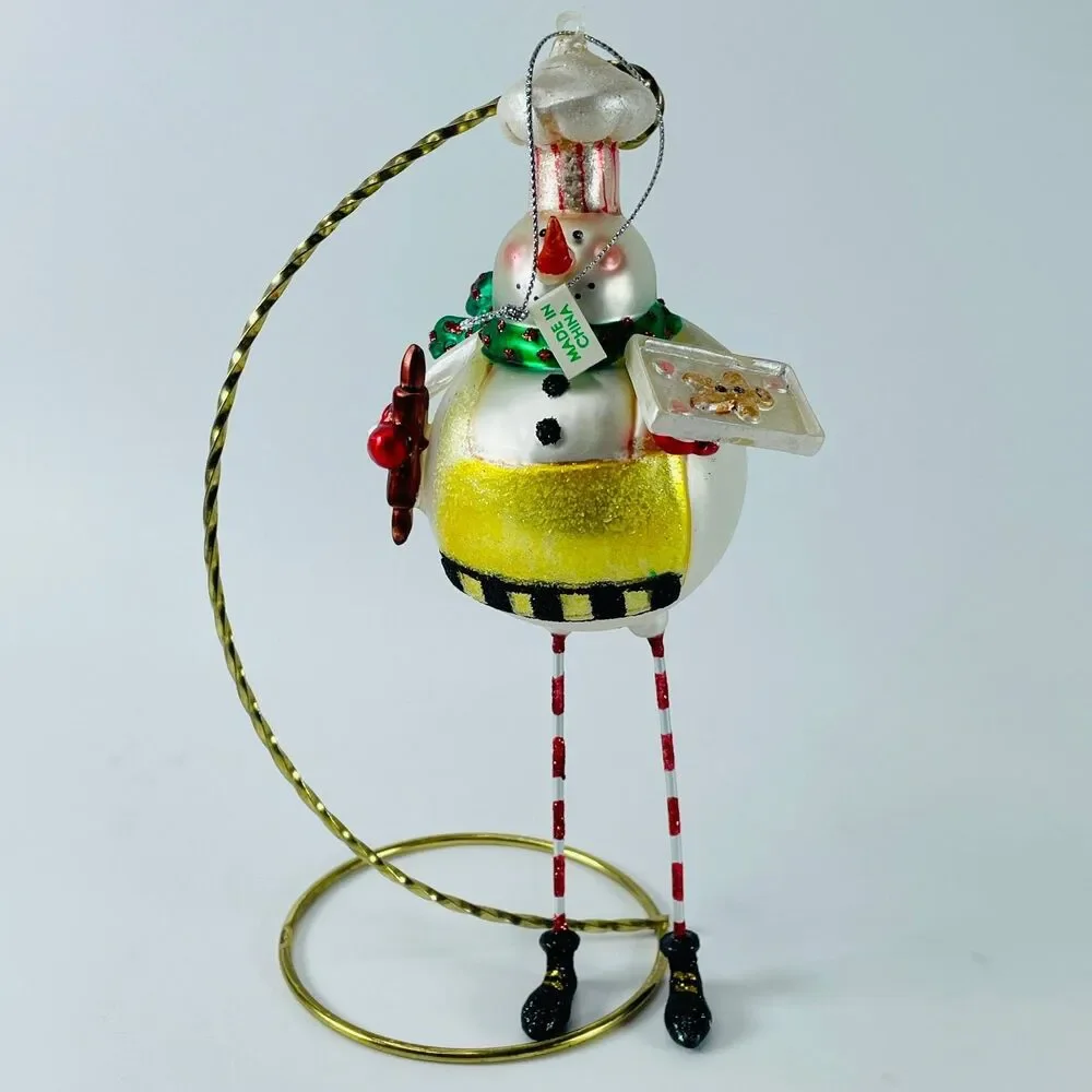 Glass Snowman Chef Baker Ornament Christmas Holiday Large Hand Painted 8in